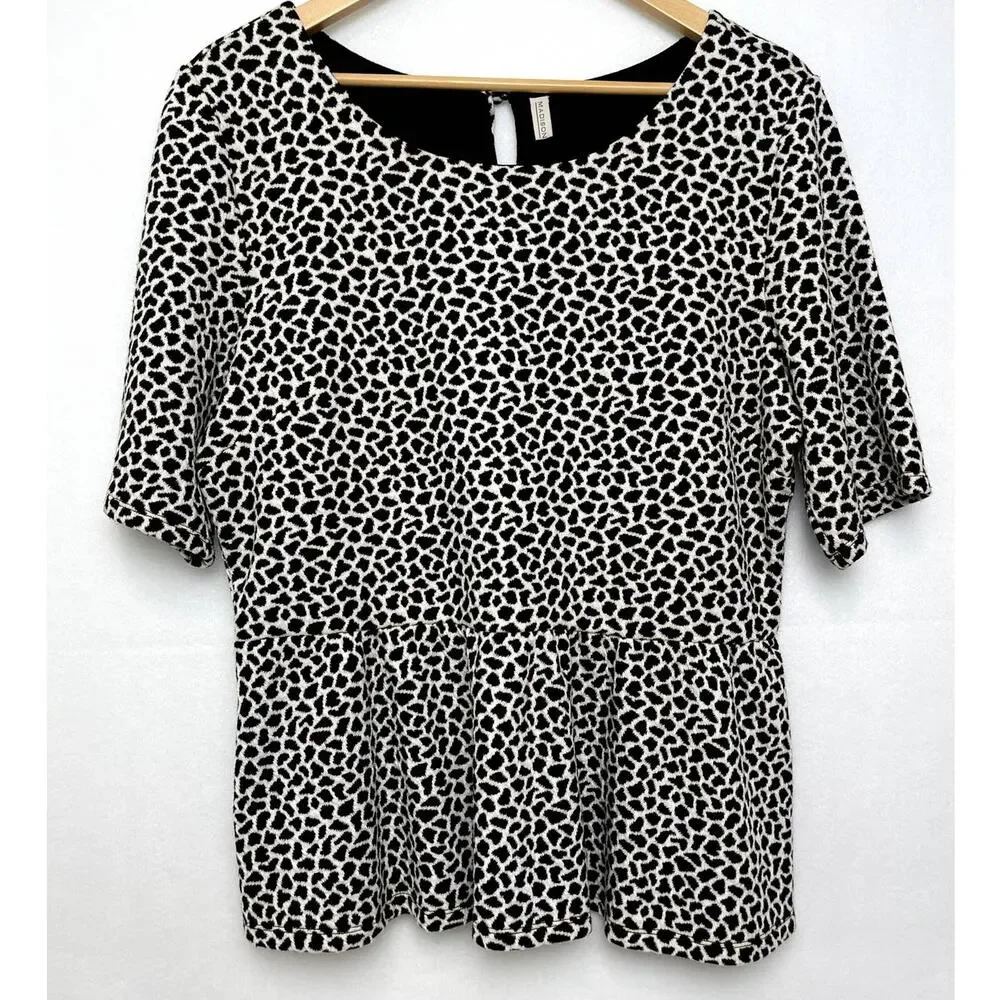 Madison Womens Scoop Neck Short Sleeve Top Black White Large
